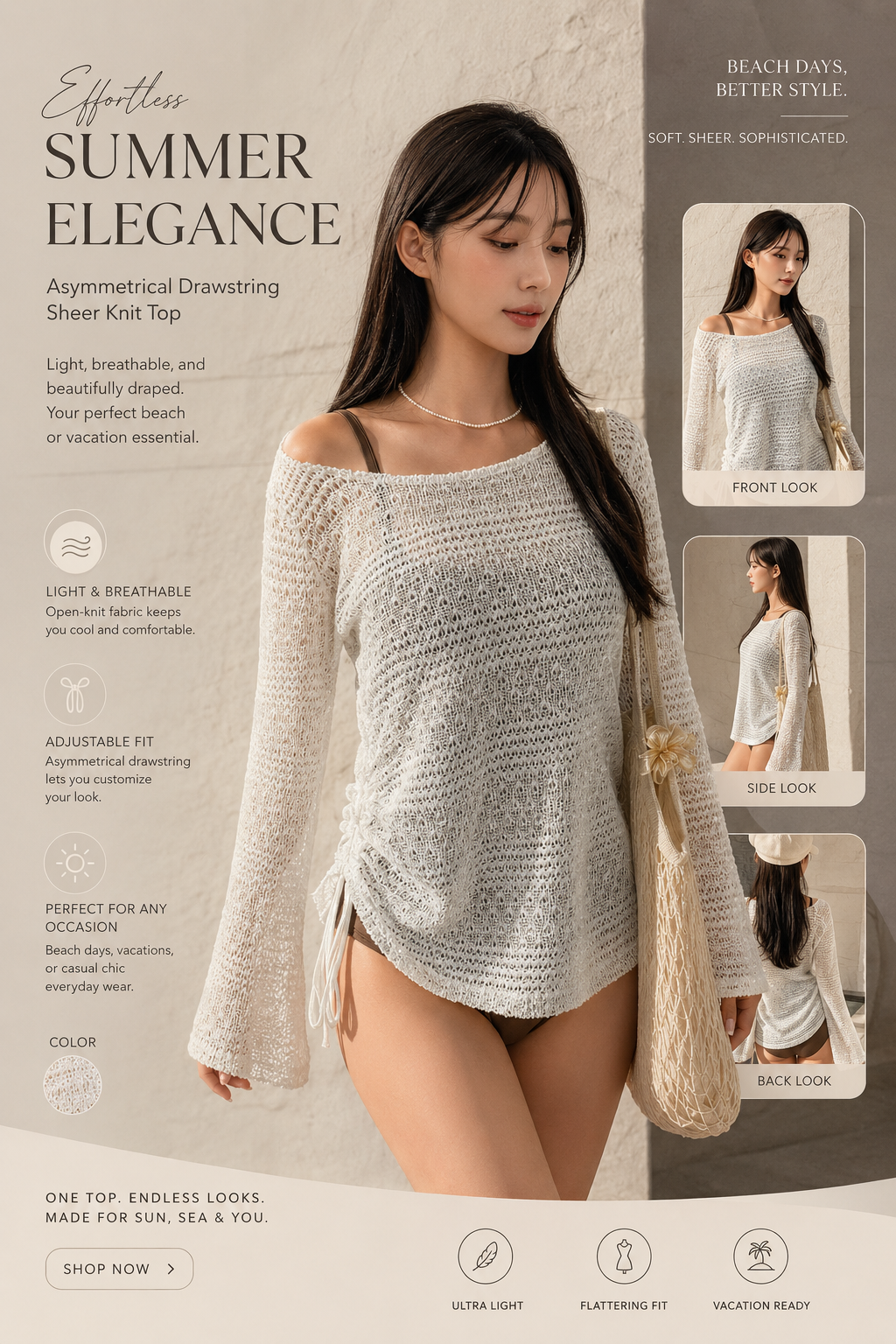 DAZY Women’s Solid Round Neck Long Sleeve Cover-Up Top, Perfect for Summer Beach Vacations