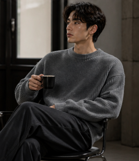 Lightweight, textured knit oversized sweater with a casual unisex style, featuring a minimalist design, relaxed loose fit, and classic crew neck