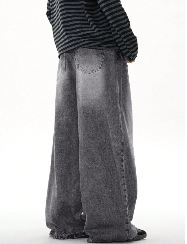 1pc Vintage Washed Loose Fit Wide-Leg Jeans for Men, Casual Couple Style with Distressed Hem