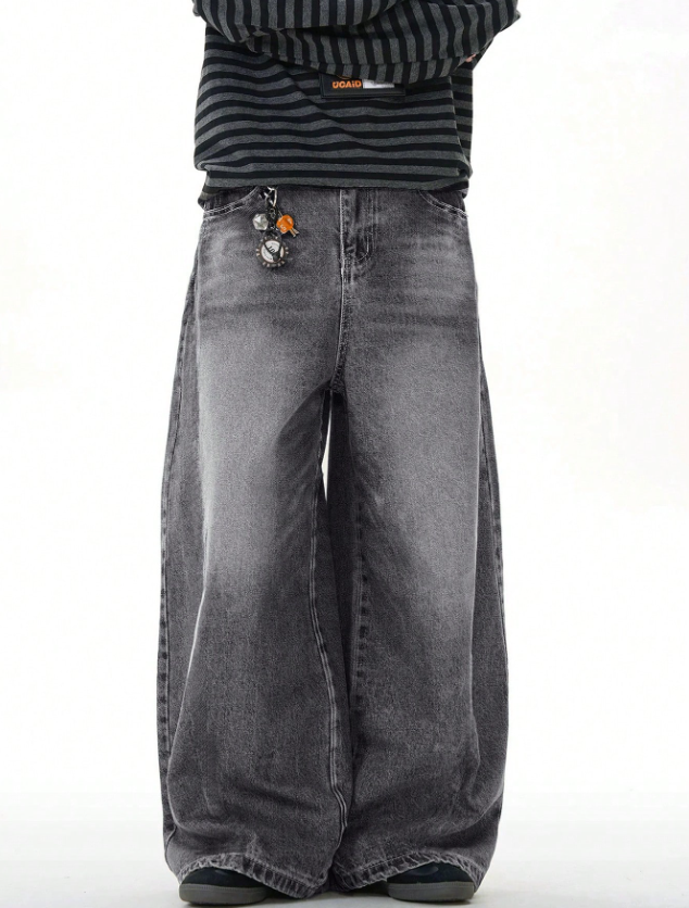 1pc Vintage Washed Loose Fit Wide-Leg Jeans for Men, Casual Couple Style with Distressed Hem