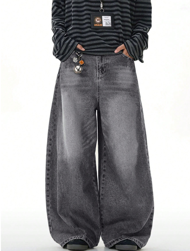 1pc Vintage Washed Loose Fit Wide-Leg Jeans for Men, Casual Couple Style with Distressed Hem