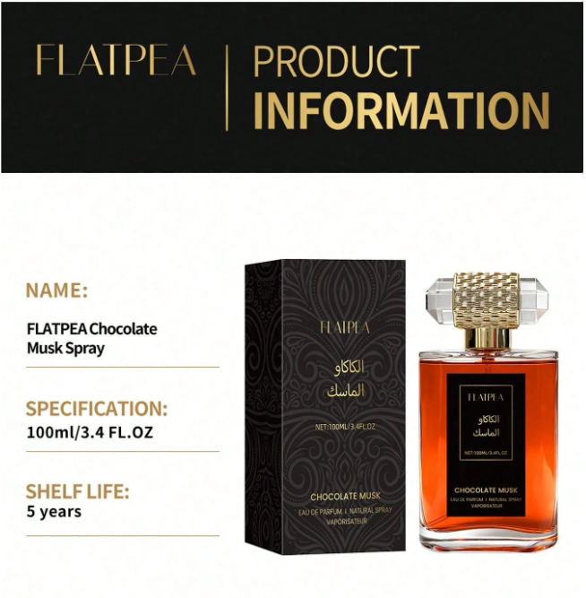 100ml (3.4 fl oz) alcohol-free Middle Eastern fragrance spray featuring rich cocoa milk and vanilla floral notes. Comes in a large glass bottle and offers a long-lasting scent—perfect as a gift for Christmas or Halloween.