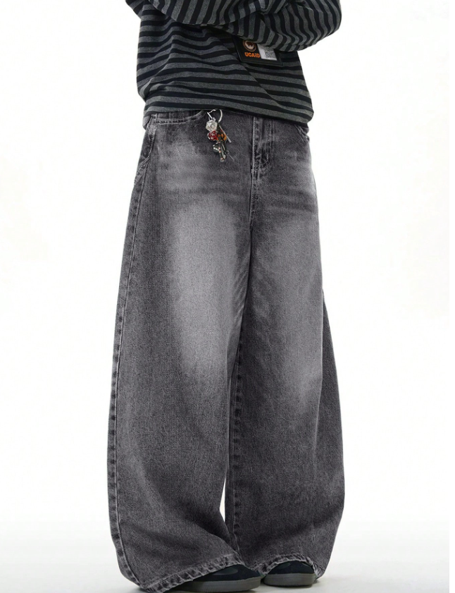 1pc Vintage Washed Loose Fit Wide-Leg Jeans for Men, Casual Couple Style with Distressed Hem