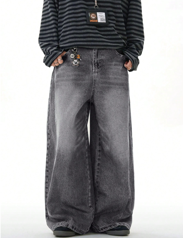 1pc Vintage Washed Loose Fit Wide-Leg Jeans for Men, Casual Couple Style with Distressed Hem