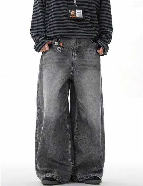 1pc Vintage Washed Loose Fit Wide-Leg Jeans for Men, Casual Couple Style with Distressed Hem