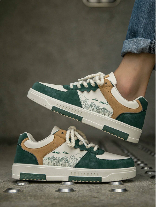 Men’s Contrast Color Patchwork Sneakers with Unique Prints, Comfortable for Casual, Outdoor & Skate Wear