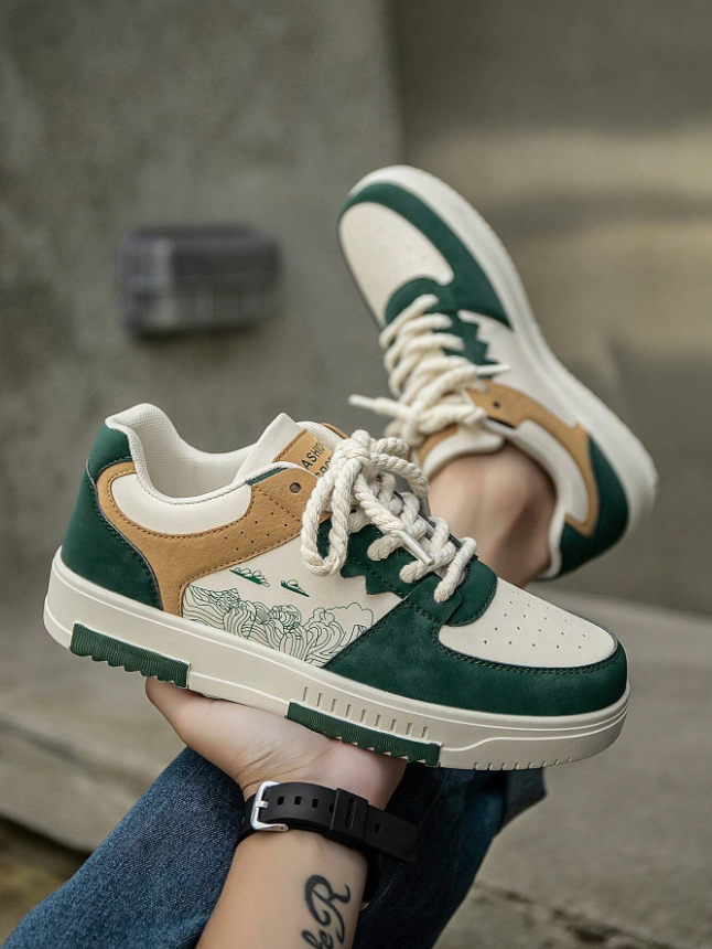 Men’s Contrast Color Patchwork Sneakers with Unique Prints, Comfortable for Casual, Outdoor & Skate Wear