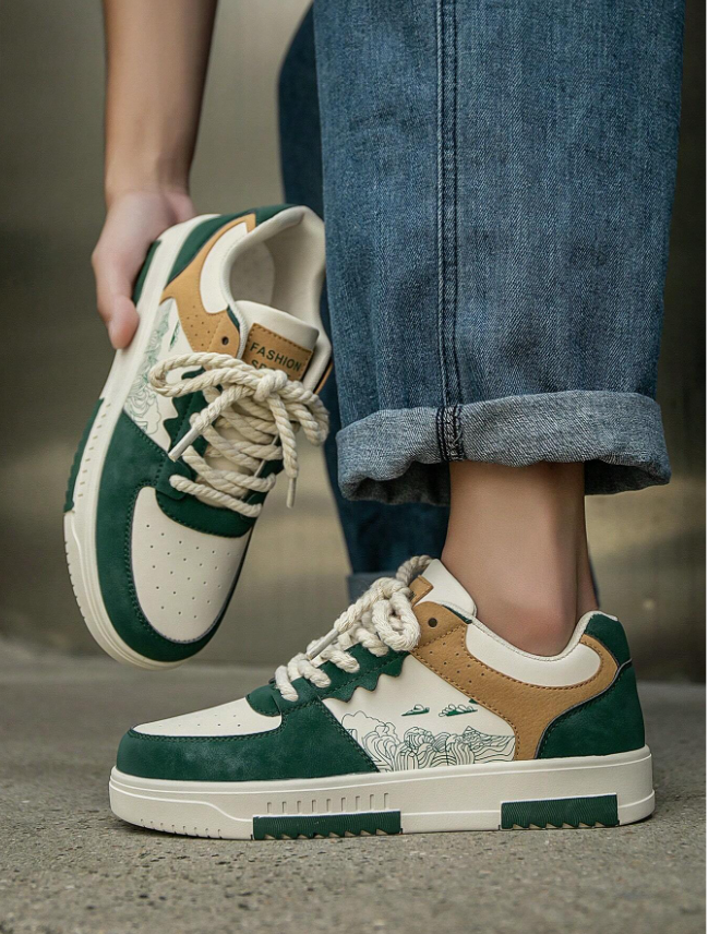 Men’s Contrast Color Patchwork Sneakers with Unique Prints, Comfortable for Casual, Outdoor & Skate Wear