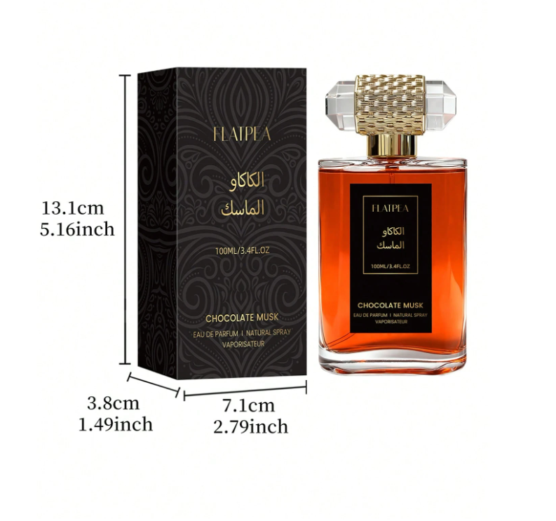 100ml (3.4 fl oz) alcohol-free Middle Eastern fragrance spray featuring rich cocoa milk and vanilla floral notes. Comes in a large glass bottle and offers a long-lasting scent—perfect as a gift for Christmas or Halloween.