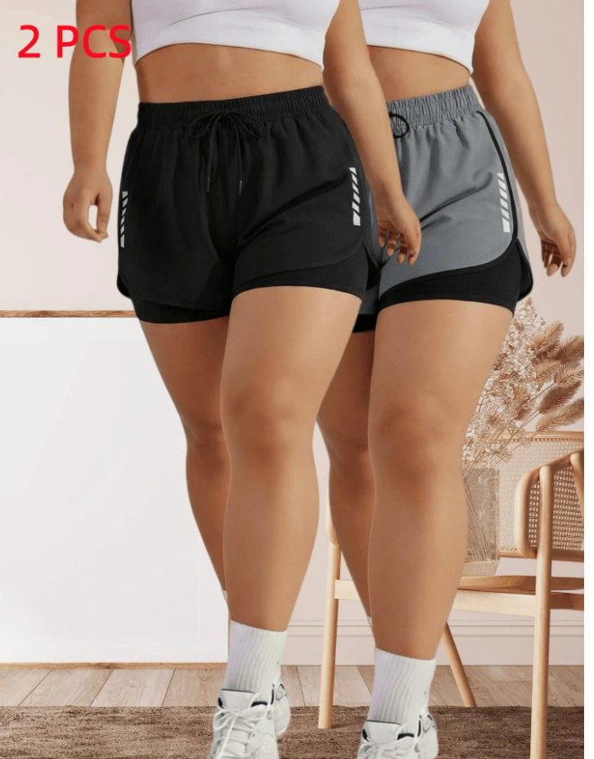 2-Piece Women’s Sports Shorts Set, Quick-Dry Polyester & Spandex Blend, Lightweight & Breathable with Adjustable Drawstring Waist, Geometric Design, Ideal for Fitness and Casual Wear