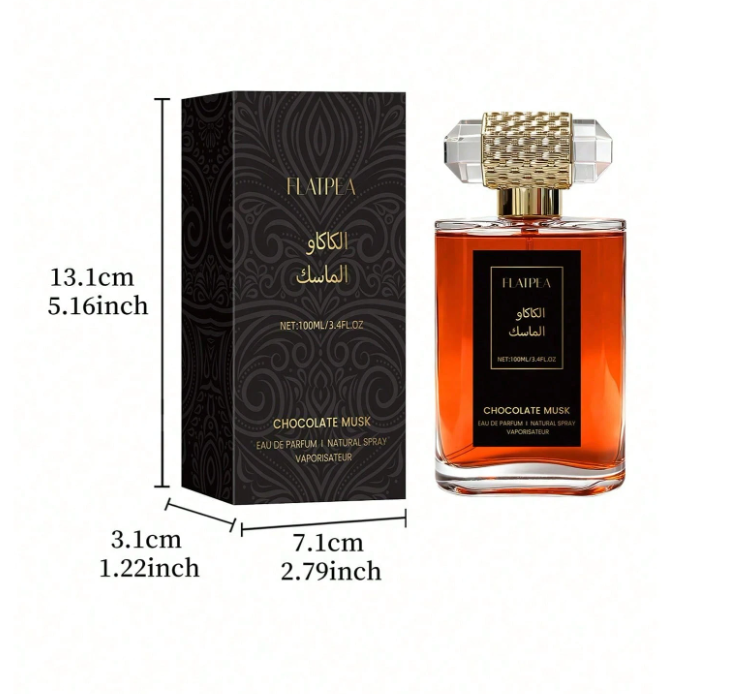 100ml (3.4 fl oz) alcohol-free Middle Eastern fragrance spray featuring rich cocoa milk and vanilla floral notes. Comes in a large glass bottle and offers a long-lasting scent—perfect as a gift for Christmas or Halloween.