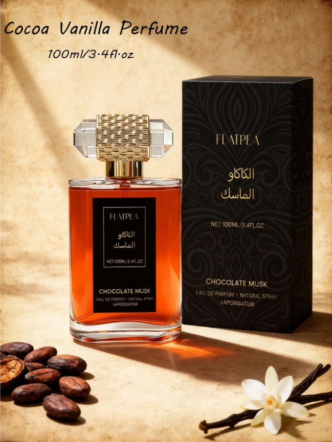 100ml (3.4 fl oz) alcohol-free Middle Eastern fragrance spray featuring rich cocoa milk and vanilla floral notes. Comes in a large glass bottle and offers a long-lasting scent—perfect as a gift for Christmas or Halloween.