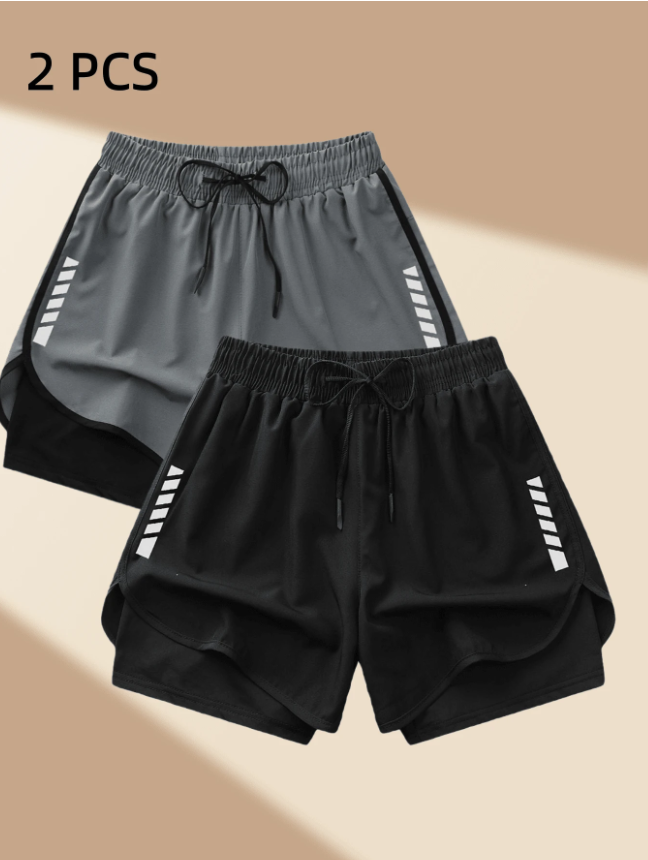 2-Piece Women’s Sports Shorts Set, Quick-Dry Polyester & Spandex Blend, Lightweight & Breathable with Adjustable Drawstring Waist, Geometric Design, Ideal for Fitness and Casual Wear