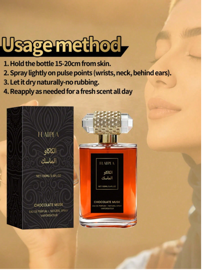 100ml (3.4 fl oz) alcohol-free Middle Eastern fragrance spray featuring rich cocoa milk and vanilla floral notes. Comes in a large glass bottle and offers a long-lasting scent—perfect as a gift for Christmas or Halloween.
