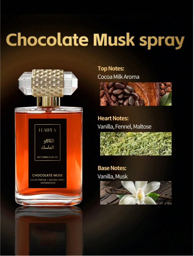 100ml (3.4 fl oz) alcohol-free Middle Eastern fragrance spray featuring rich cocoa milk and vanilla floral notes. Comes in a large glass bottle and offers a long-lasting scent—perfect as a gift for Christmas or Halloween.