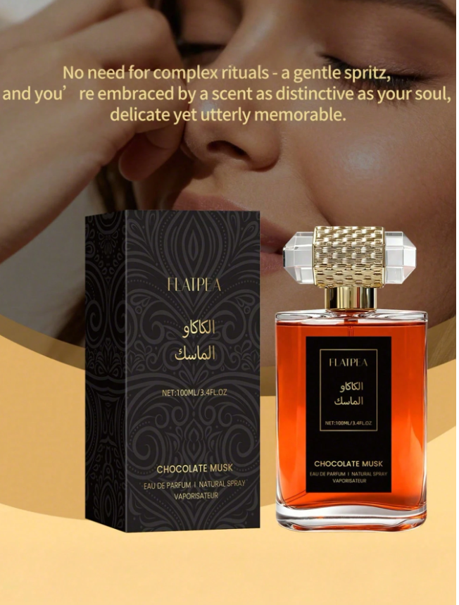 100ml (3.4 fl oz) alcohol-free Middle Eastern fragrance spray featuring rich cocoa milk and vanilla floral notes. Comes in a large glass bottle and offers a long-lasting scent—perfect as a gift for Christmas or Halloween.