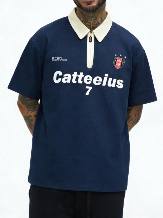 1pc Men’s Navy Blue Short Sleeve Polo T-Shirt – Contrast Collar, Half-Zip Design, Letter Print, American Streetwear Style, Machine Washable, Ideal for Summer, Daily Commute, and Casual Wear