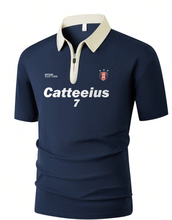 1pc Men’s Navy Blue Short Sleeve Polo T-Shirt – Contrast Collar, Half-Zip Design, Letter Print, American Streetwear Style, Machine Washable, Ideal for Summer, Daily Commute, and Casual Wear
