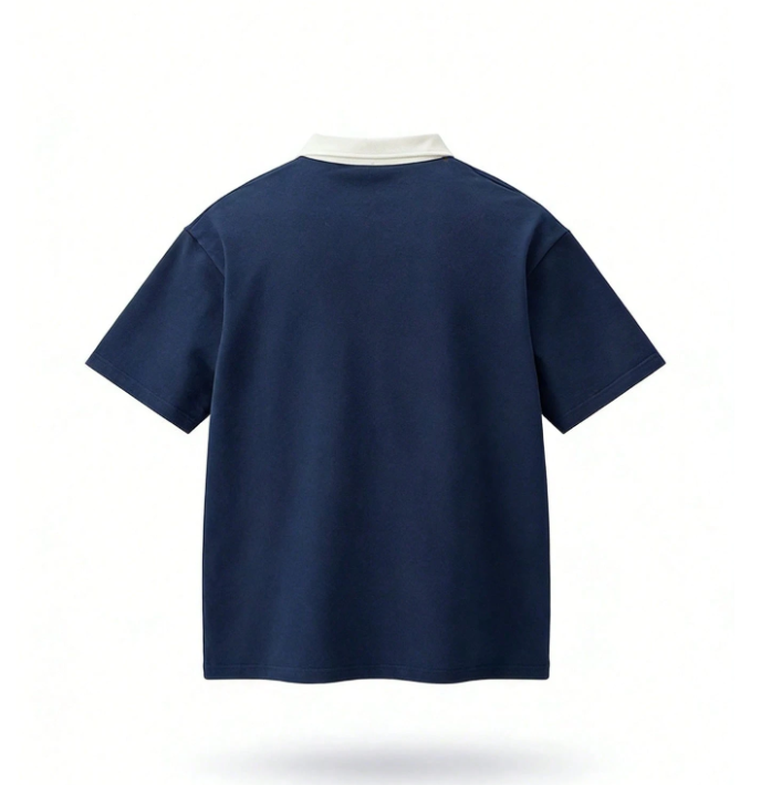 1pc Men’s Navy Blue Short Sleeve Polo T-Shirt – Contrast Collar, Half-Zip Design, Letter Print, American Streetwear Style, Machine Washable, Ideal for Summer, Daily Commute, and Casual Wear