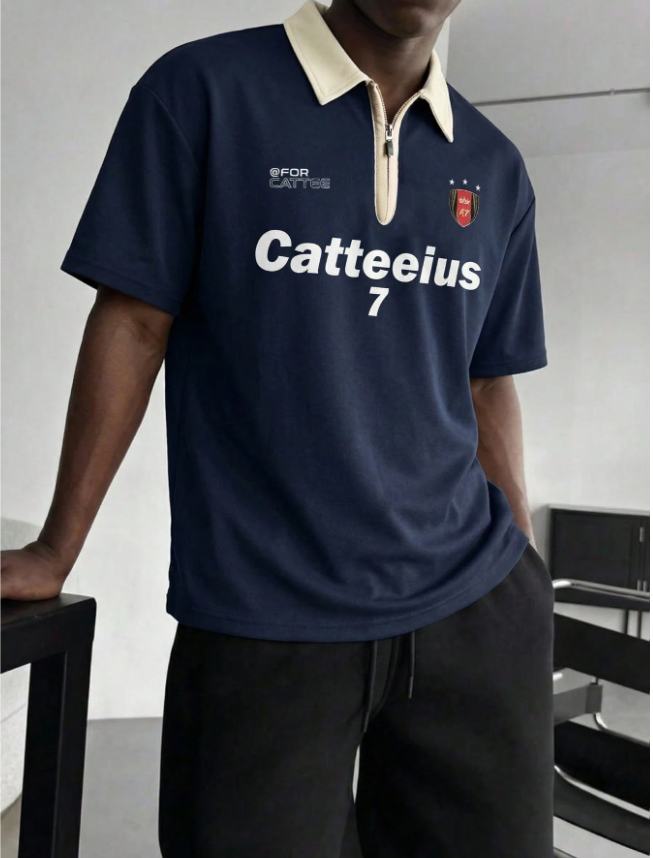 1pc Men’s Navy Blue Short Sleeve Polo T-Shirt – Contrast Collar, Half-Zip Design, Letter Print, American Streetwear Style, Machine Washable, Ideal for Summer, Daily Commute, and Casual Wear