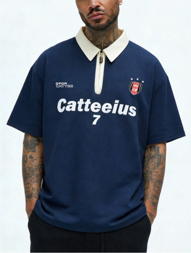 1pc Men’s Navy Blue Short Sleeve Polo T-Shirt – Contrast Collar, Half-Zip Design, Letter Print, American Streetwear Style, Machine Washable, Ideal for Summer, Daily Commute, and Casual Wear