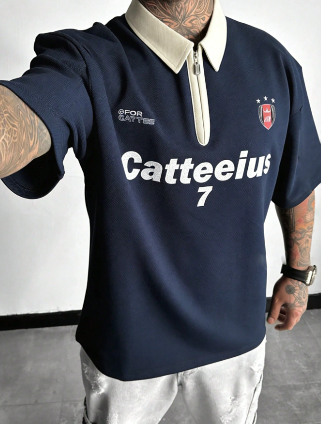 1pc Men’s Navy Blue Short Sleeve Polo T-Shirt – Contrast Collar, Half-Zip Design, Letter Print, American Streetwear Style, Machine Washable, Ideal for Summer, Daily Commute, and Casual Wear