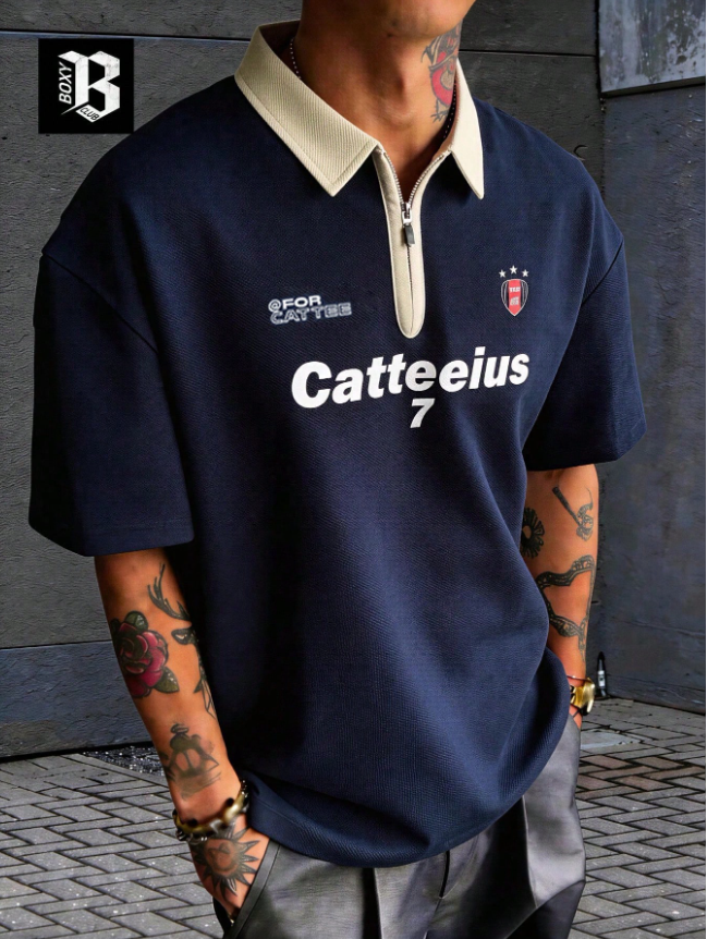 1pc Men’s Navy Blue Short Sleeve Polo T-Shirt – Contrast Collar, Half-Zip Design, Letter Print, American Streetwear Style, Machine Washable, Ideal for Summer, Daily Commute, and Casual Wear
