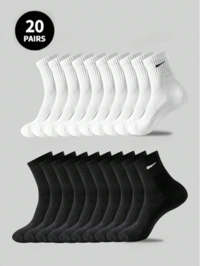 1/5/10/20 Pairs of Unisex Sports Mid-Calf Socks – Breathable, Moisture-Wicking, and Odor-Resistant, Available in White or Black, Ideal for Everyday Use and Outdoor Activities