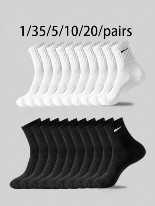 1/5/10/20 Pairs of Unisex Sports Mid-Calf Socks – Breathable, Moisture-Wicking, and Odor-Resistant, Available in White or Black, Ideal for Everyday Use and Outdoor Activities