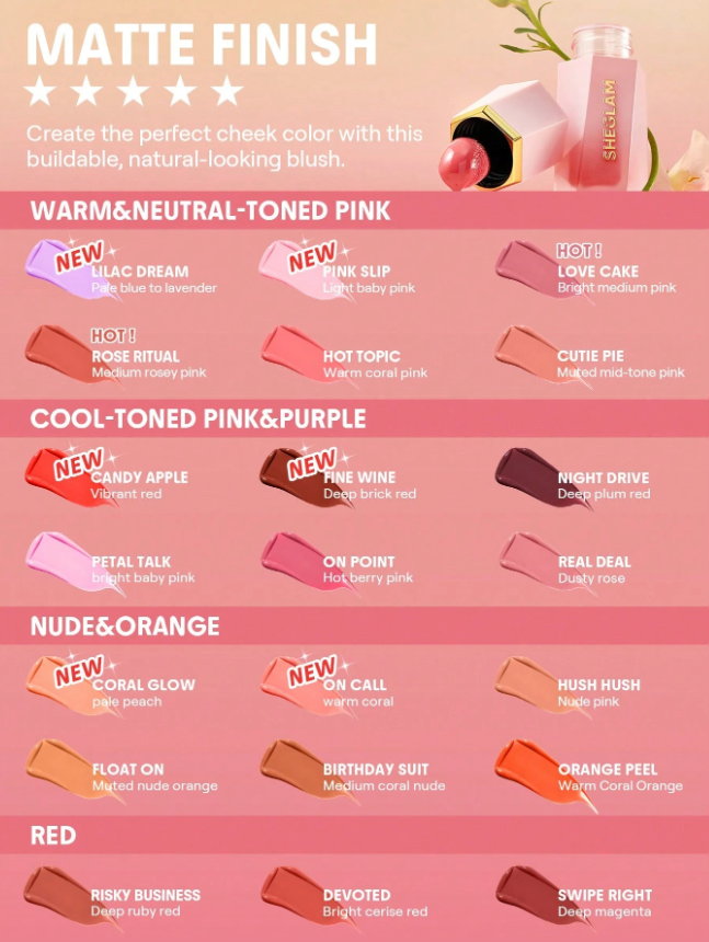 SHEGLAM Color Bloom Liquid Blush in Night Drive is a lightweight, waterproof blush with rich pigment and long-lasting, non-fading glow. Its pink-purple shade blends smoothly, perfect for daily wear, parties, and trendy Y2K looks.