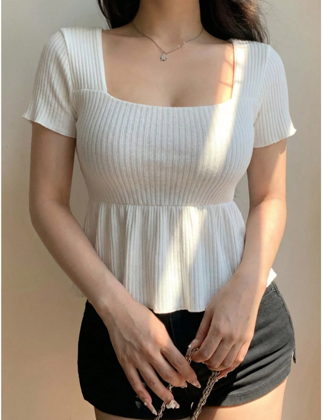Women’s casual summer babydoll top with a square neckline, textured fabric, short sleeves, and an A-line hem