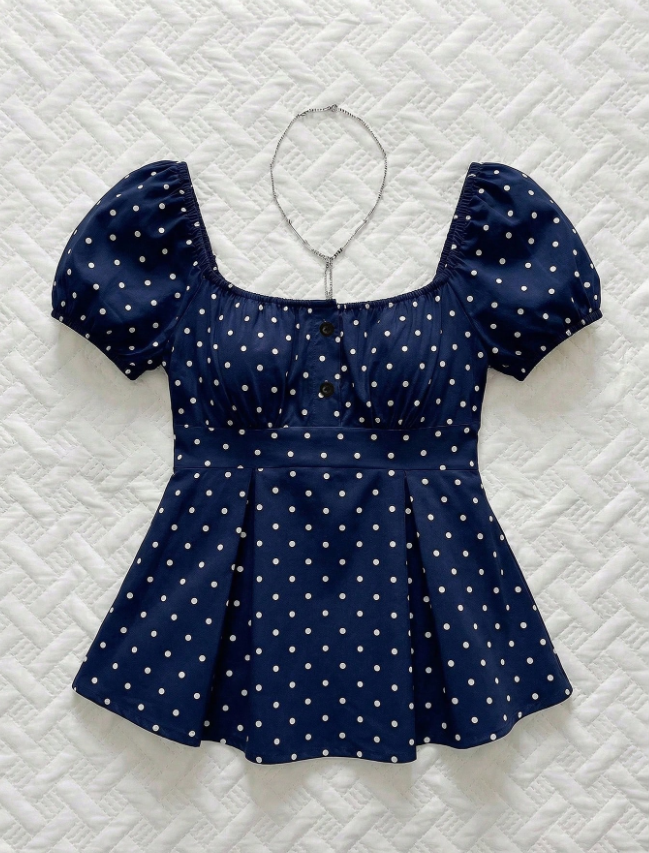 Sweetro Women’s French-Inspired Spring/Summer White Polka Dot Blouse with Petal Sleeves and V-Neck Design