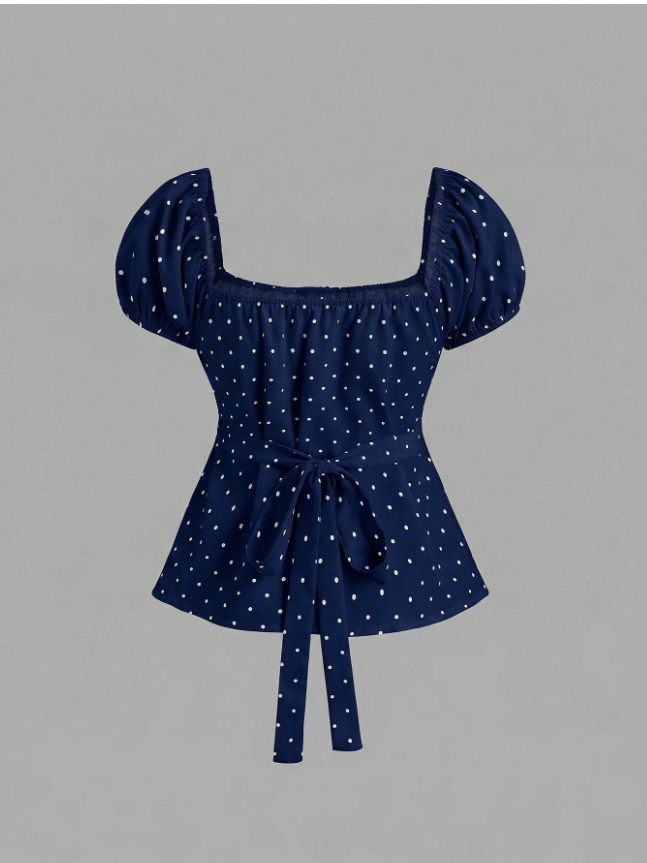 Sweetro Women’s French-Inspired Spring/Summer White Polka Dot Blouse with Petal Sleeves and V-Neck Design