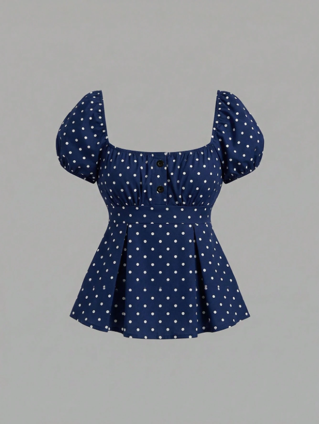 Sweetro Women’s French-Inspired Spring/Summer White Polka Dot Blouse with Petal Sleeves and V-Neck Design