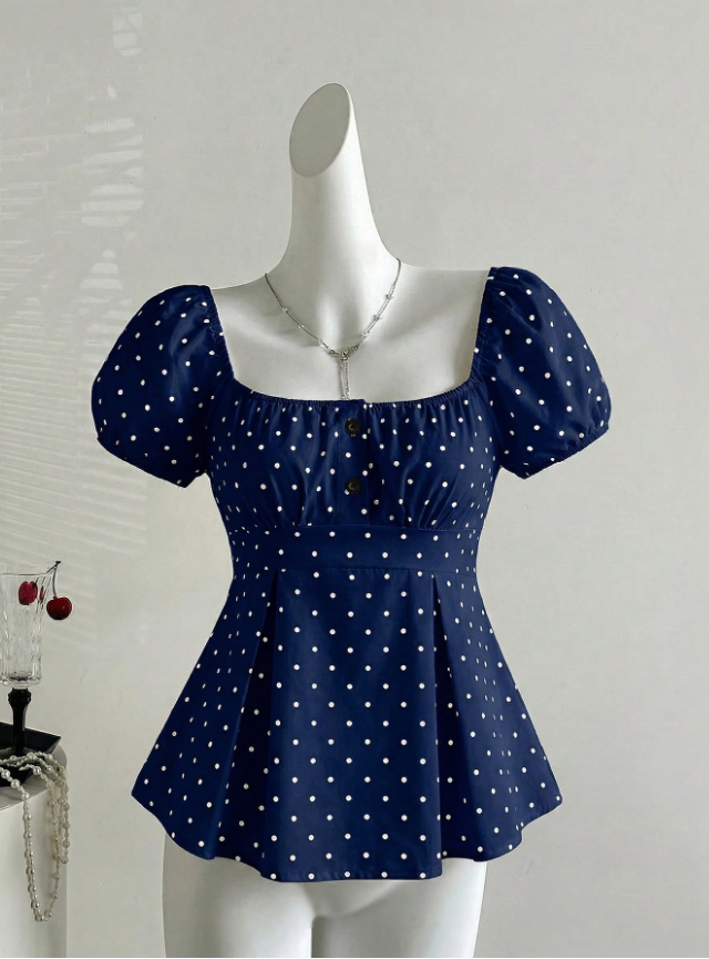 Sweetro Women’s French-Inspired Spring/Summer White Polka Dot Blouse with Petal Sleeves and V-Neck Design