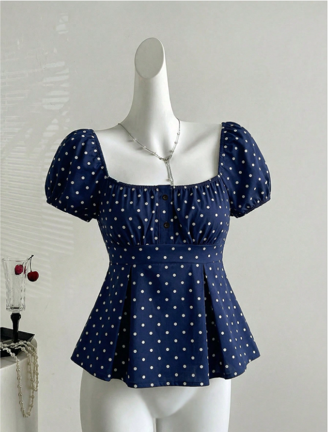 Sweetro Women’s French-Inspired Spring/Summer White Polka Dot Blouse with Petal Sleeves and V-Neck Design