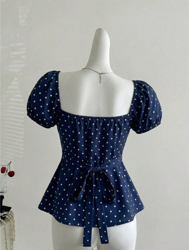 Sweetro Women’s French-Inspired Spring/Summer White Polka Dot Blouse with Petal Sleeves and V-Neck Design