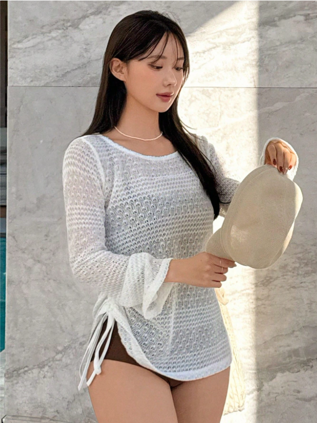 DAZY Women’s Solid Round Neck Long Sleeve Cover-Up Top, Perfect for Summer Beach Vacations
