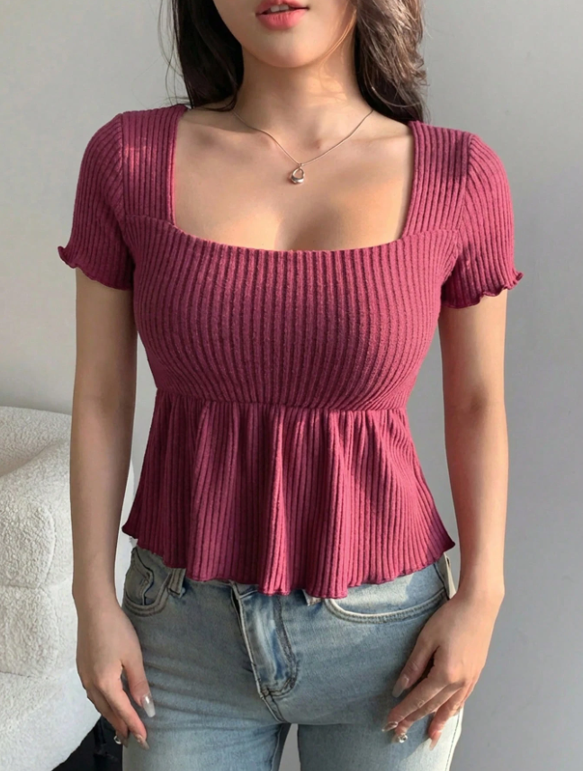 Women’s casual summer babydoll top with a square neckline, textured fabric, short sleeves, and an A-line hem