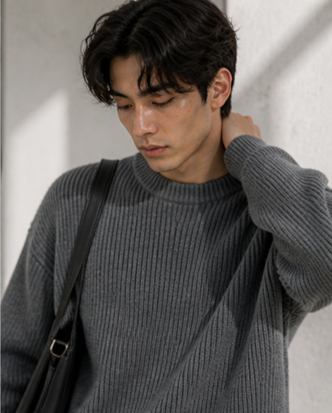Lightweight, textured knit oversized sweater with a casual unisex style, featuring a minimalist design, relaxed loose fit, and classic crew neck