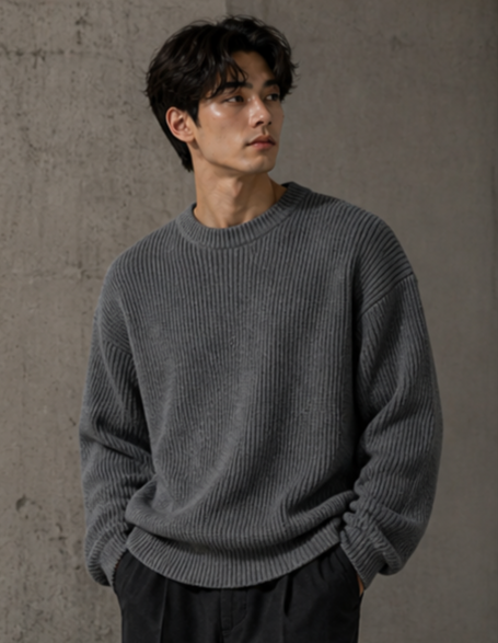 Lightweight, textured knit oversized sweater with a casual unisex style, featuring a minimalist design, relaxed loose fit, and classic crew neck